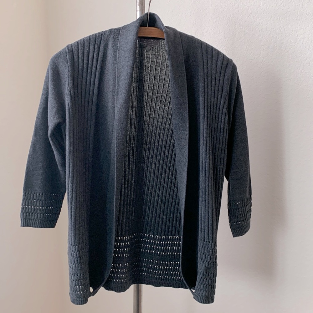 Laura Petites sz XS grey heather shawl collar open cardigan EUC classic work